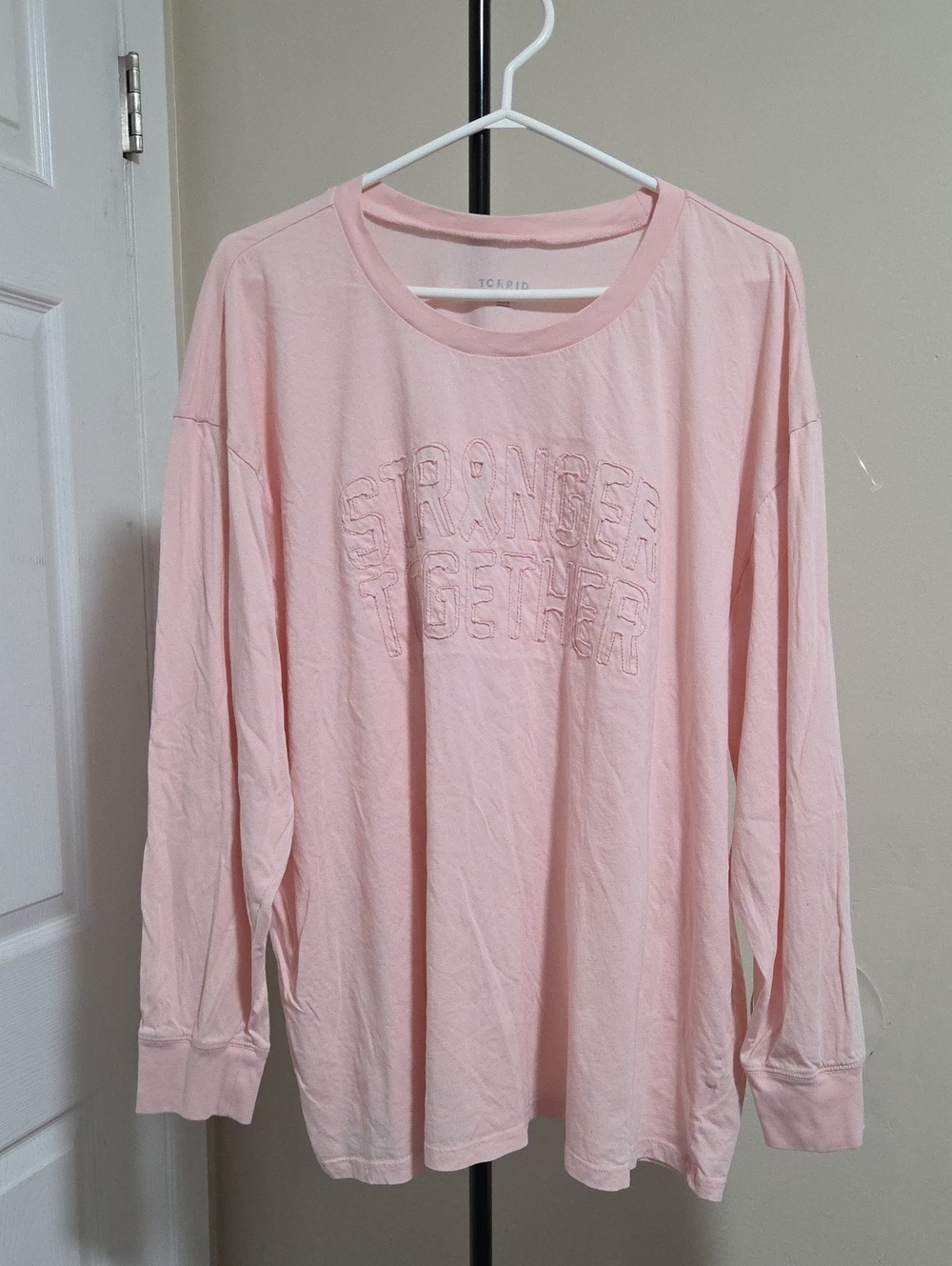 torrid Plus Size Pale Pink Long Sleeve 'Stronger Together' Embroidered Tee